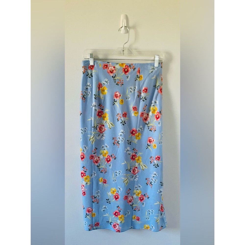 Light Blue Floral Midi Slip Skirt, Cottagecore, Prairie, Coastal Grandma Size L